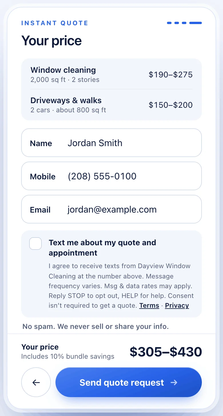 Quote form, see a price