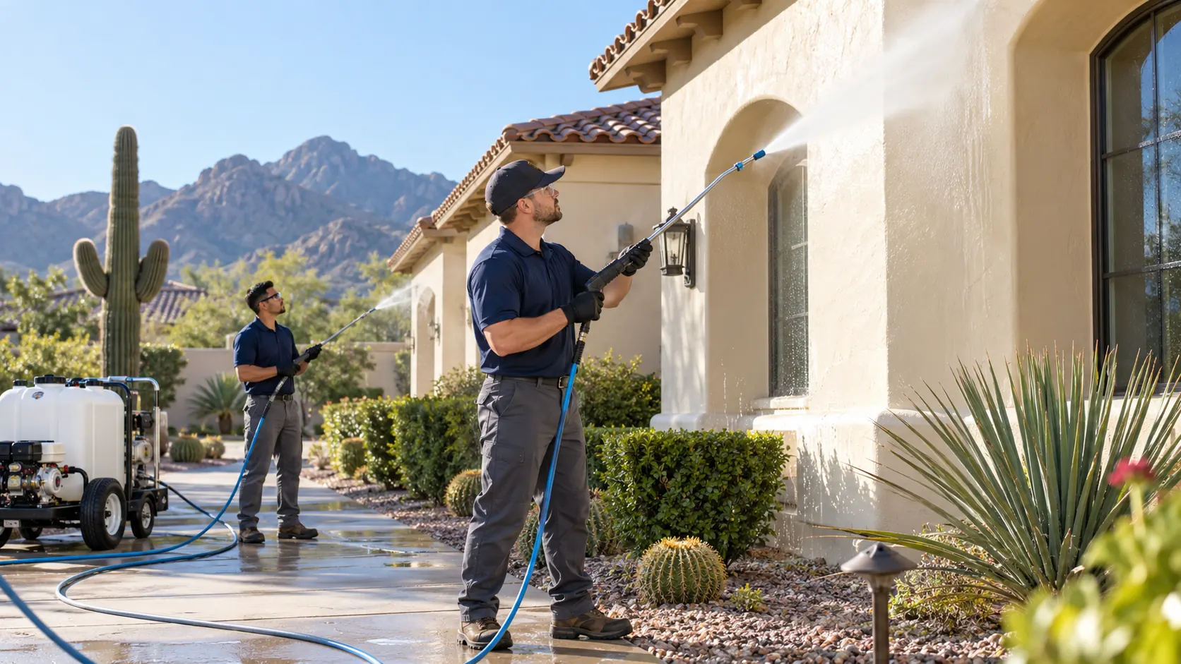 Two-person crew soft-washing a stucco home